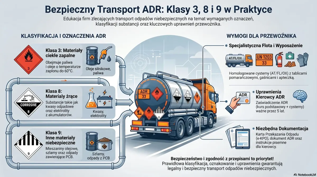 Infografika: transport odpadów niebezpiecznych ADR klas 3, 8 i 9 – przepisy